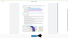 The Add document workflow in Xello. The form editor is open. All the form fields have been assigned to different participants, including signatures. The cursor is clicking Add document.